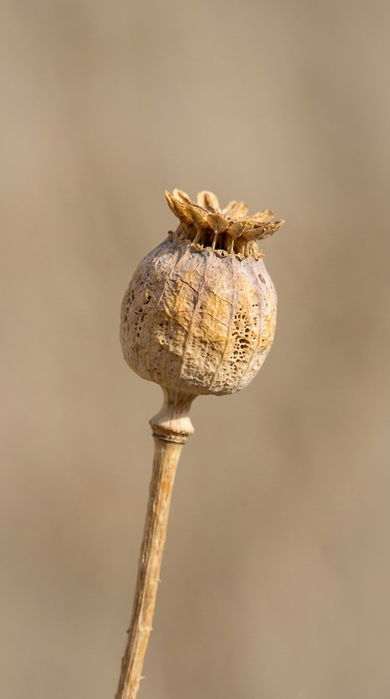 A close-up image of a dried poppy seed pod on a pale brown blurred background