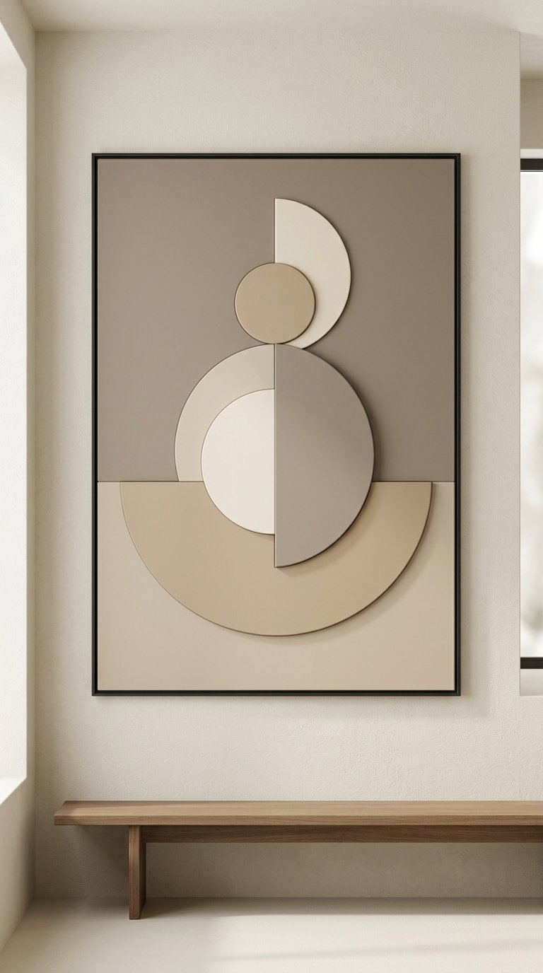 A framed minimalist wall art featuring geometric shapes in beige, cream, and taupe colors hanging on a light wall above a simple wooden bench