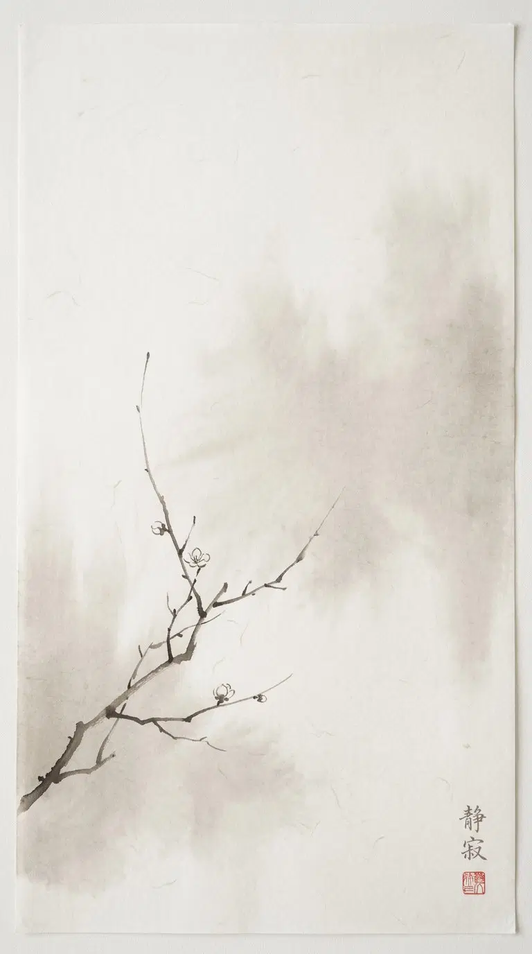 Minimalist Japandi style ink painting of delicate branch on textured paper