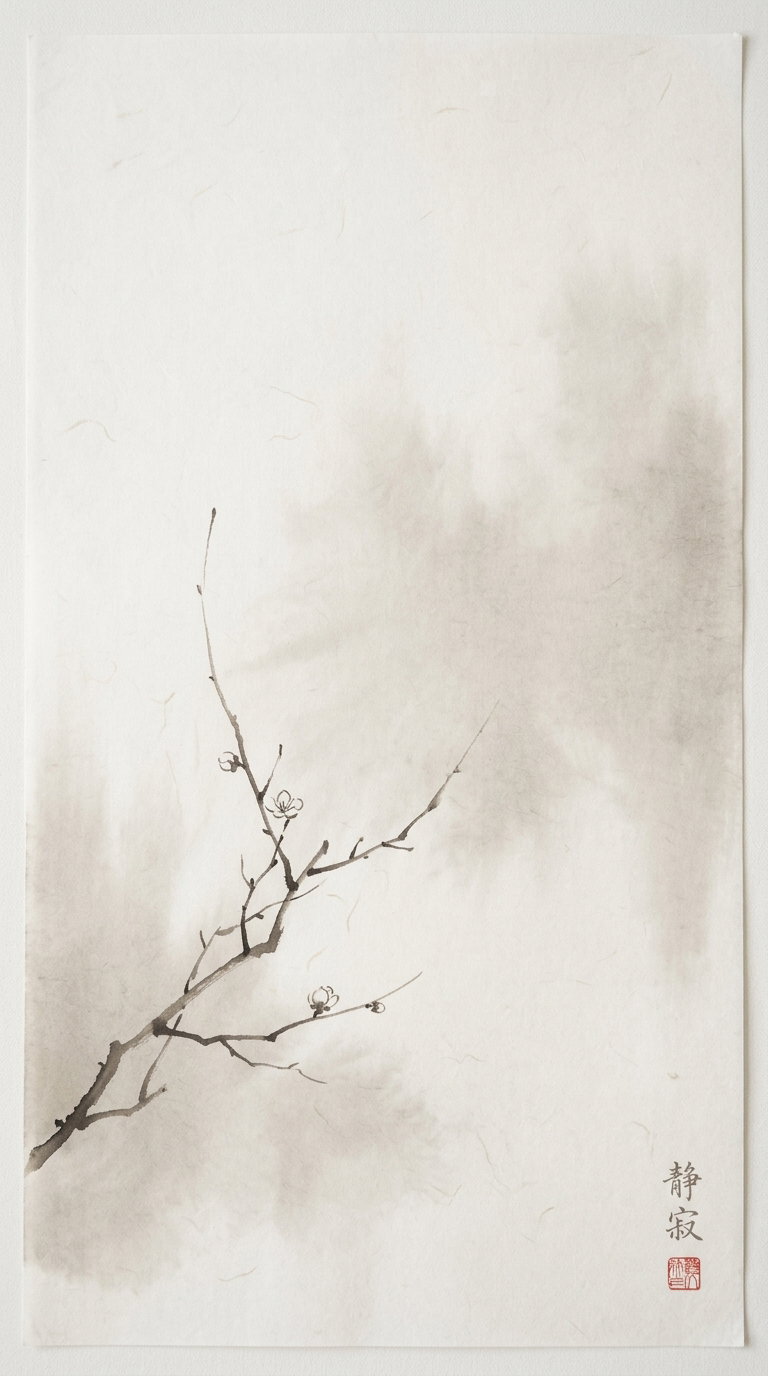 Ink painting of a delicate, bare branch with small blossoms on textured cream paper with subtle gray wash background and Japanese calligraphy with red seal in bottom right corner