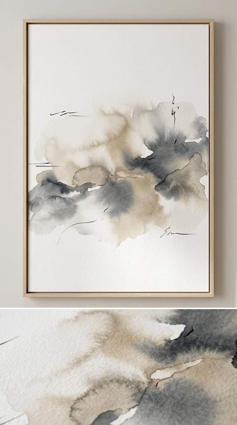 Framed wall art featuring an abstract watercolor painting with soft beige and gray tones and delicate black lines on textured white paper