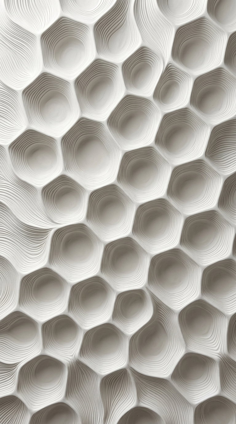 Close-up of an abstract modern wall design featuring repeating irregular hexagonal shapes with concentric curved lines creating a 3D effect in a neutral color