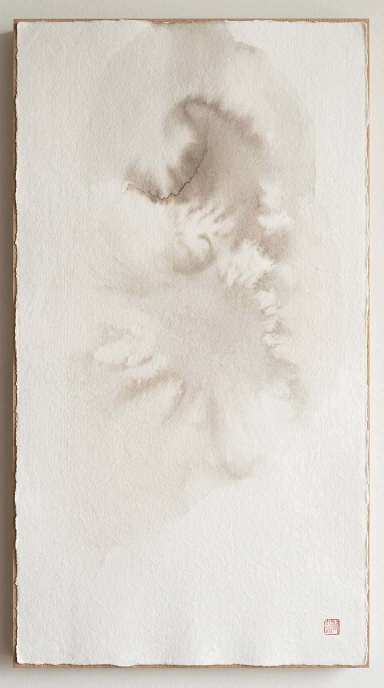 Abstract soft neutral ink wash on textured white paper with rough edges and a small red stamp in the bottom right corner