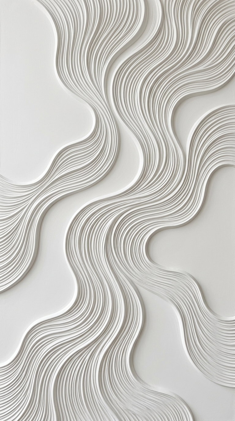 Close-up of a white textured wall art piece featuring flowing, layered wave-like abstract patterns in varying curved lines