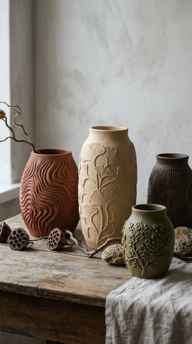 Four decorative vases in earth tones with textured floral and abstract designs arranged on a rustic wooden table near a window with dried natural elements as decoration