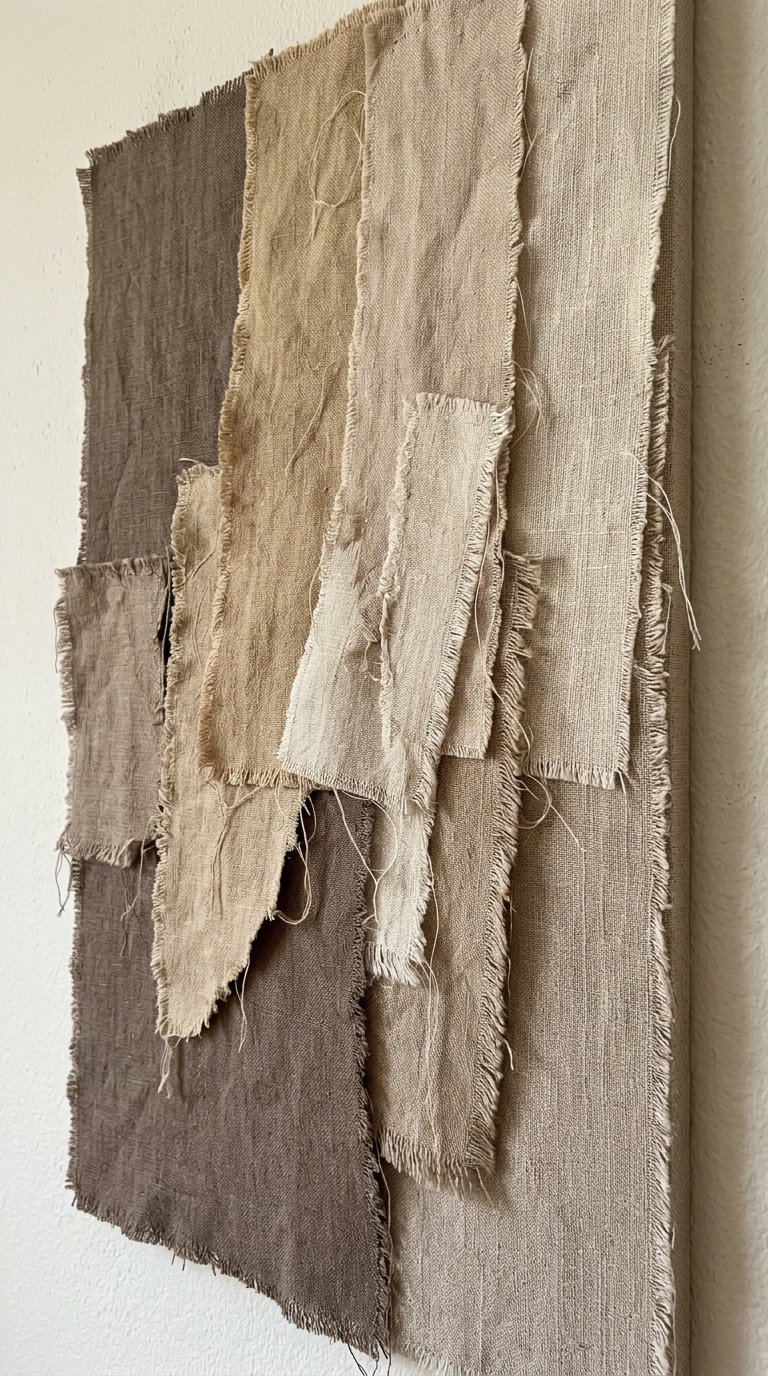 Several pieces of fabric with rough, frayed edges layered on top of each other in shades of beige, tan, and brown