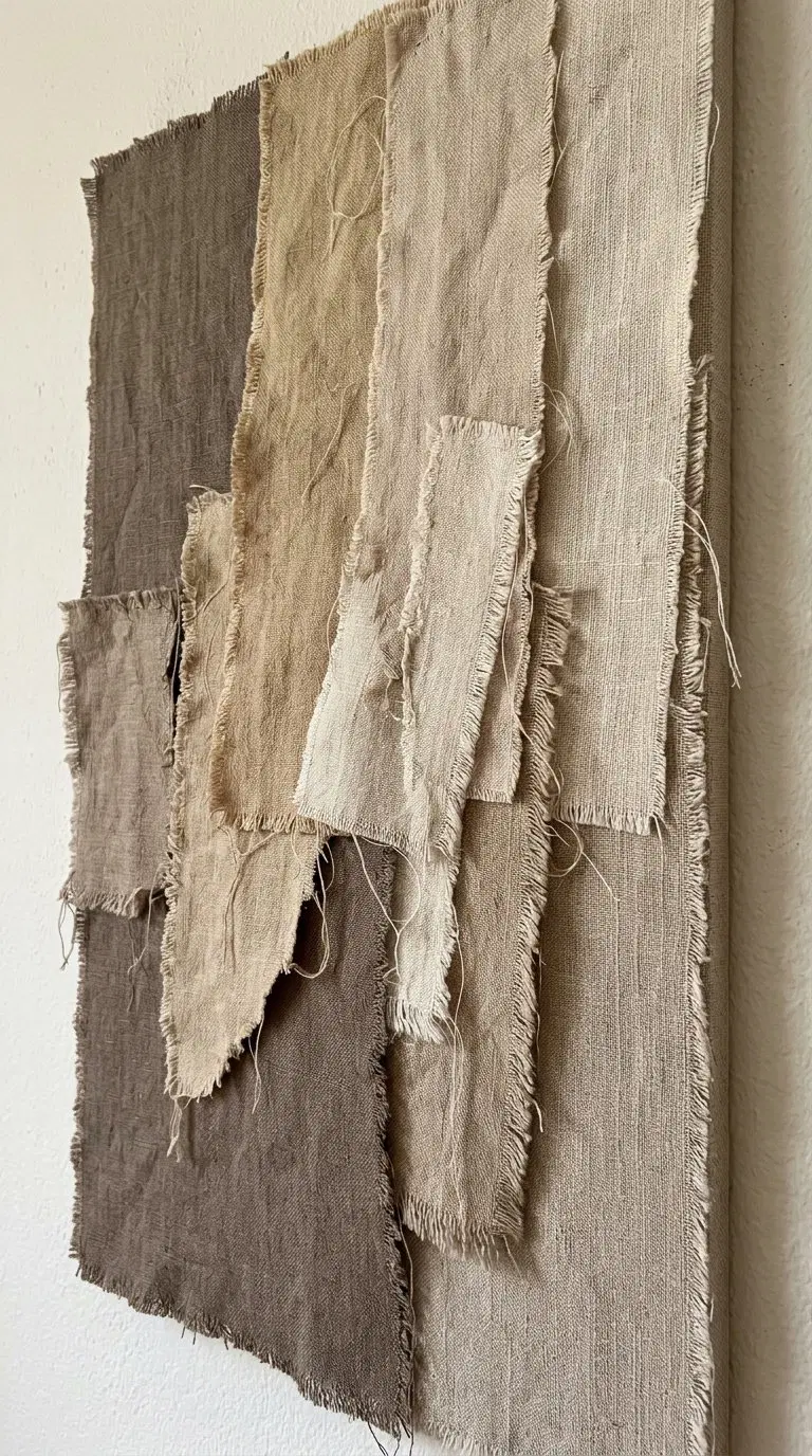 Abstract fabric wall art featuring layered pieces in earth tones