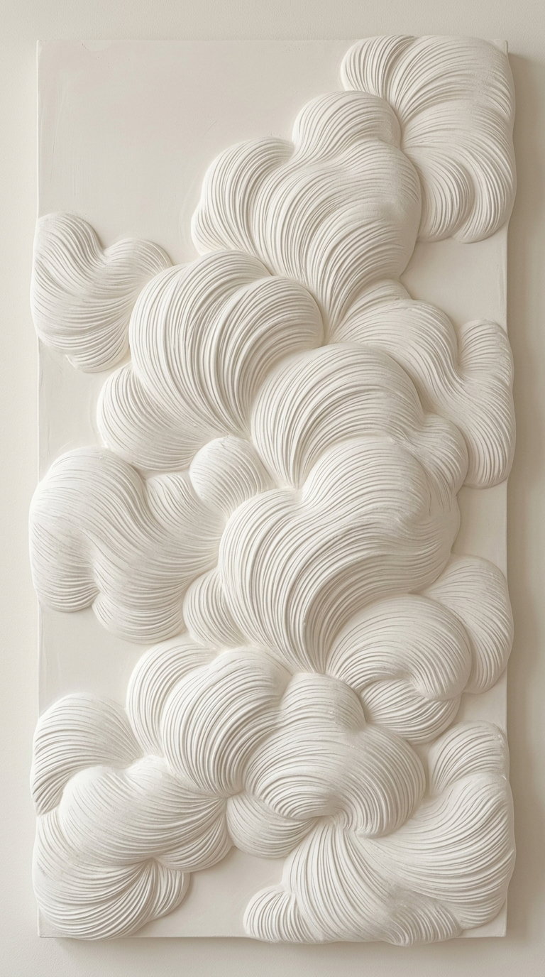 A vertical rectangular sculptural wall art piece featuring flowing, rounded, and textured white forms that create a three-dimensional abstract pattern.