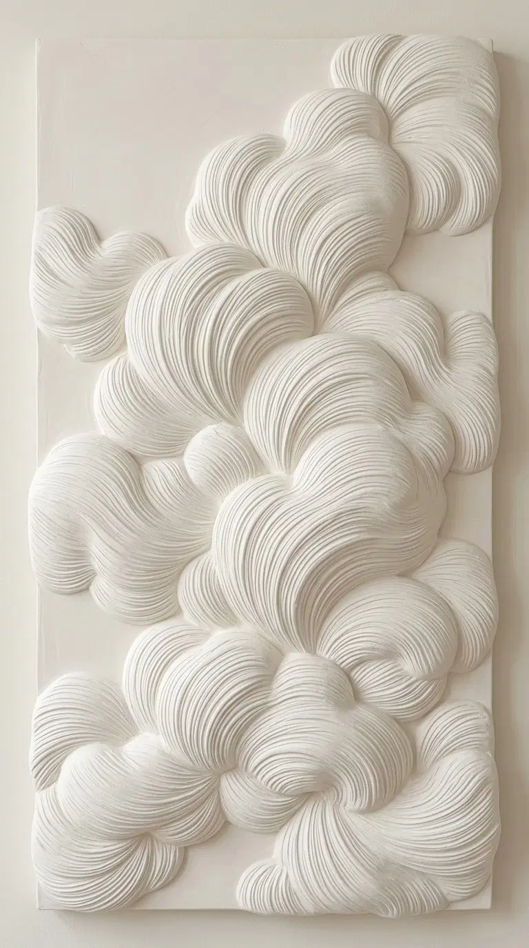 Minimalist sculptural wall art with flowing textured white shapes