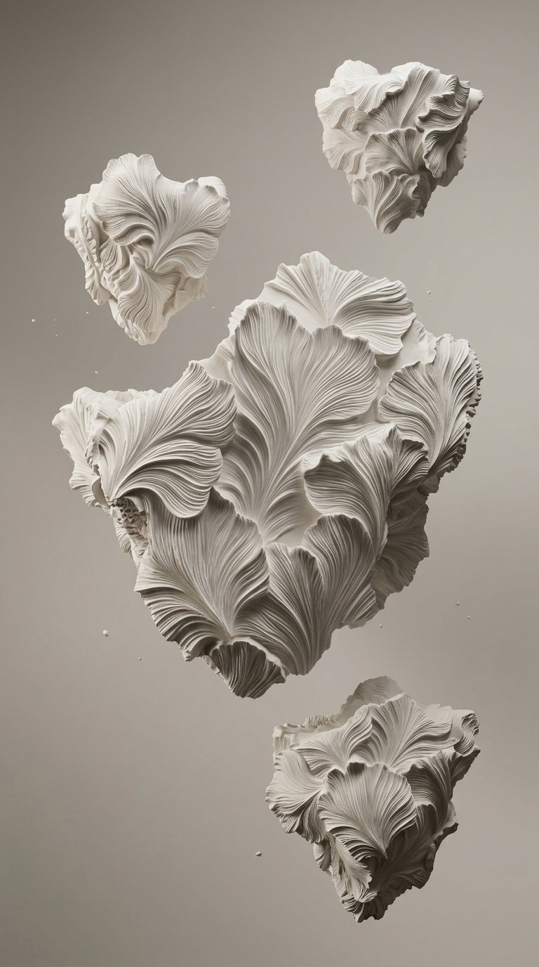 White sculptural abstract forms with intricate, flowing textures floating against a plain neutral background