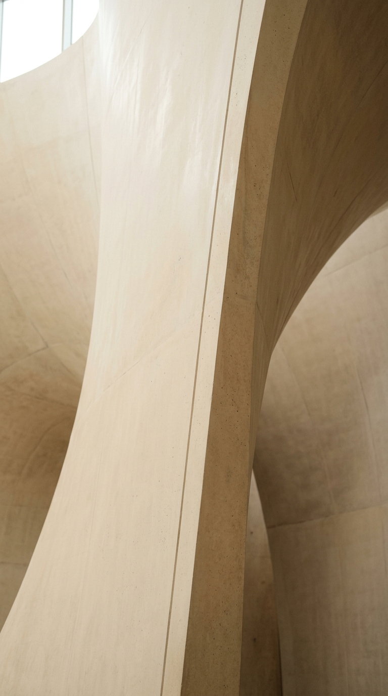 Close-up image of smooth, curved beige concrete architectural structures creating abstract shapes