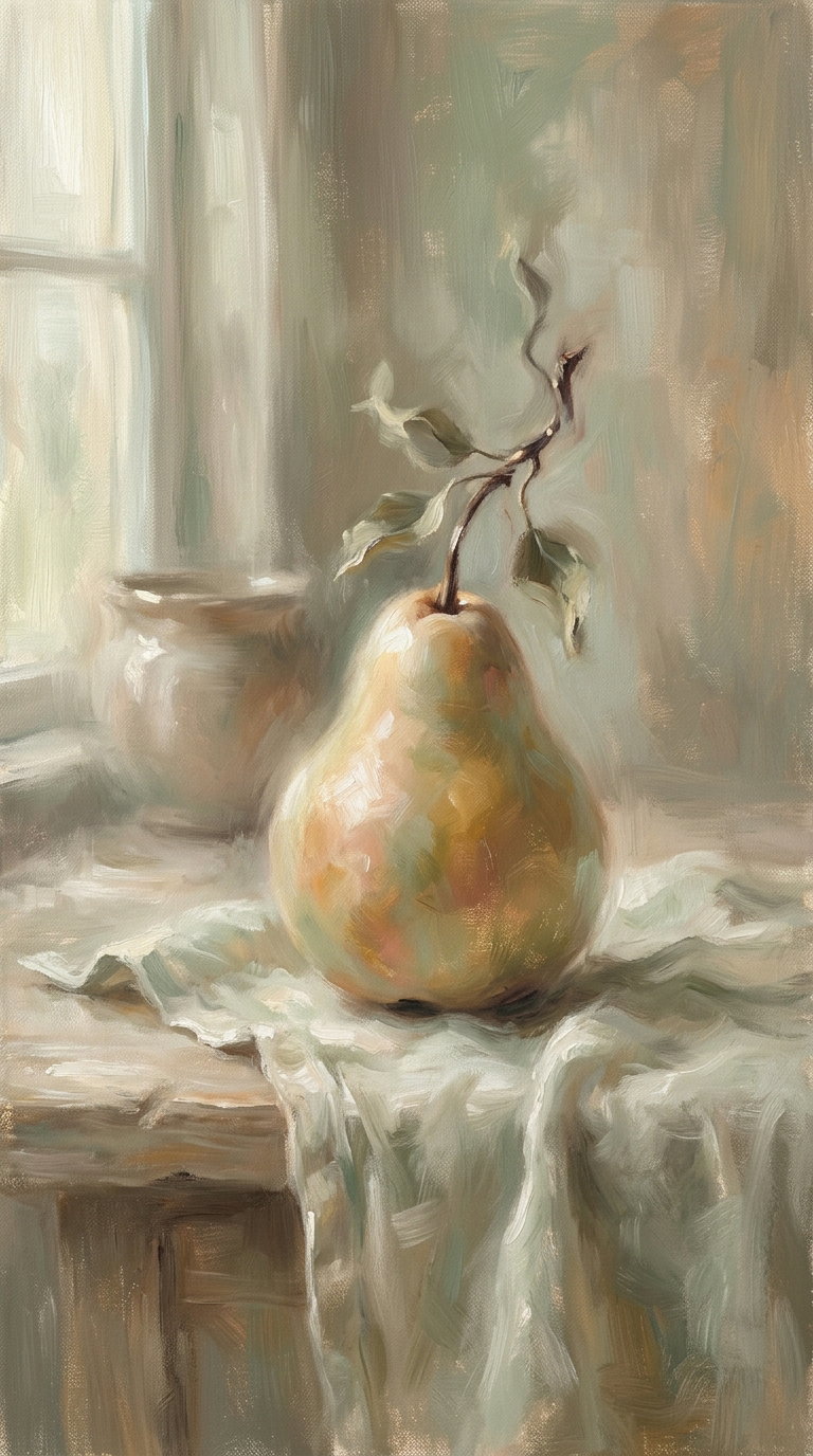 Oil painting showing a single yellow pear with green leaves on a draped white cloth on a wooden table near a window with soft light and muted green and beige background.