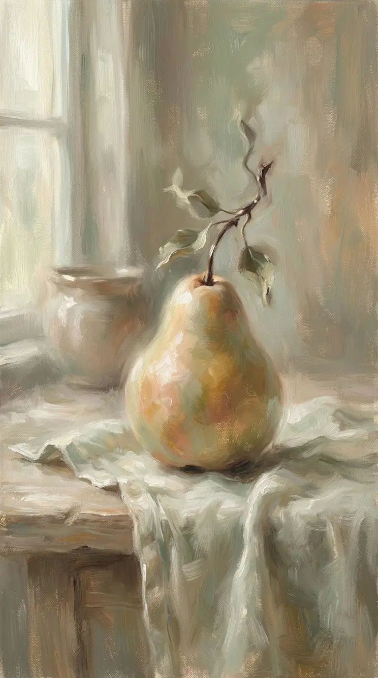 Softly Painted Still Life of a Pear on a Draped Tablecloth by the Window