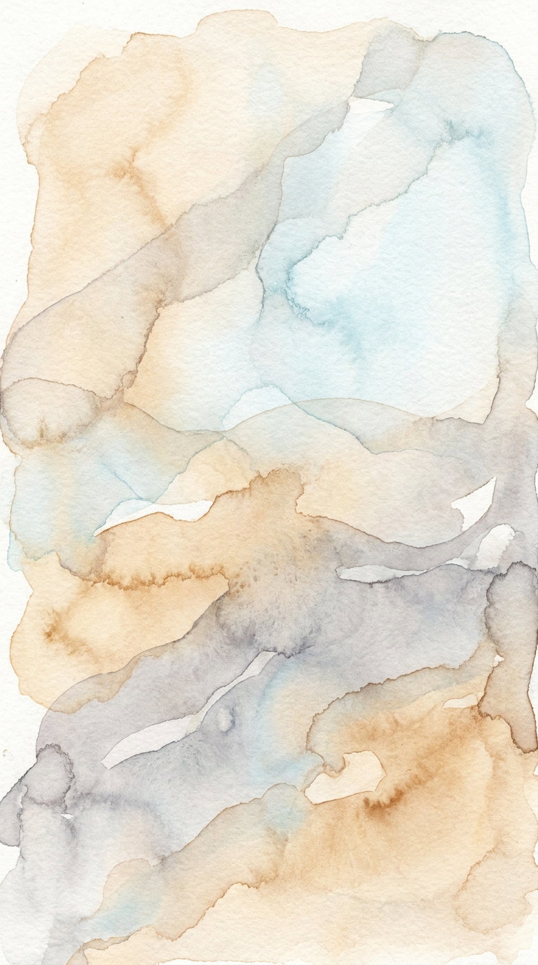 Abstract watercolor painting with flowing beige, gray, and light blue shapes blending softly on paper