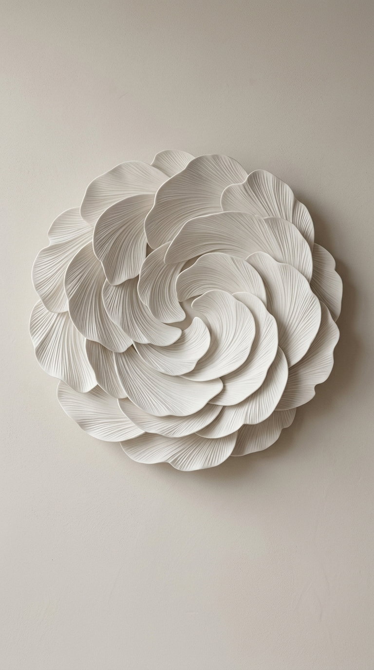 Wall sculpture of layered white petals with fine veining on a neutral beige wall