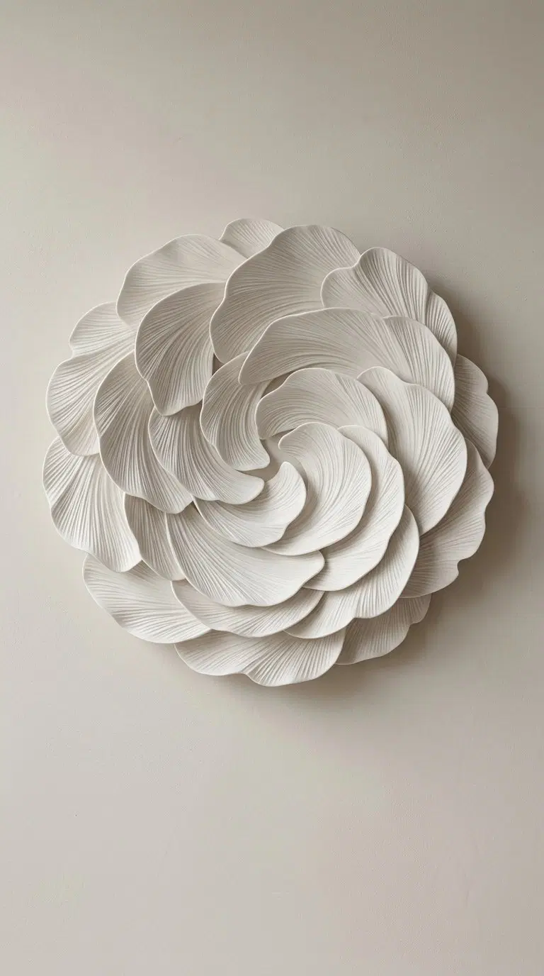 Elegant neutral wall decor featuring a layered white petal sculpture