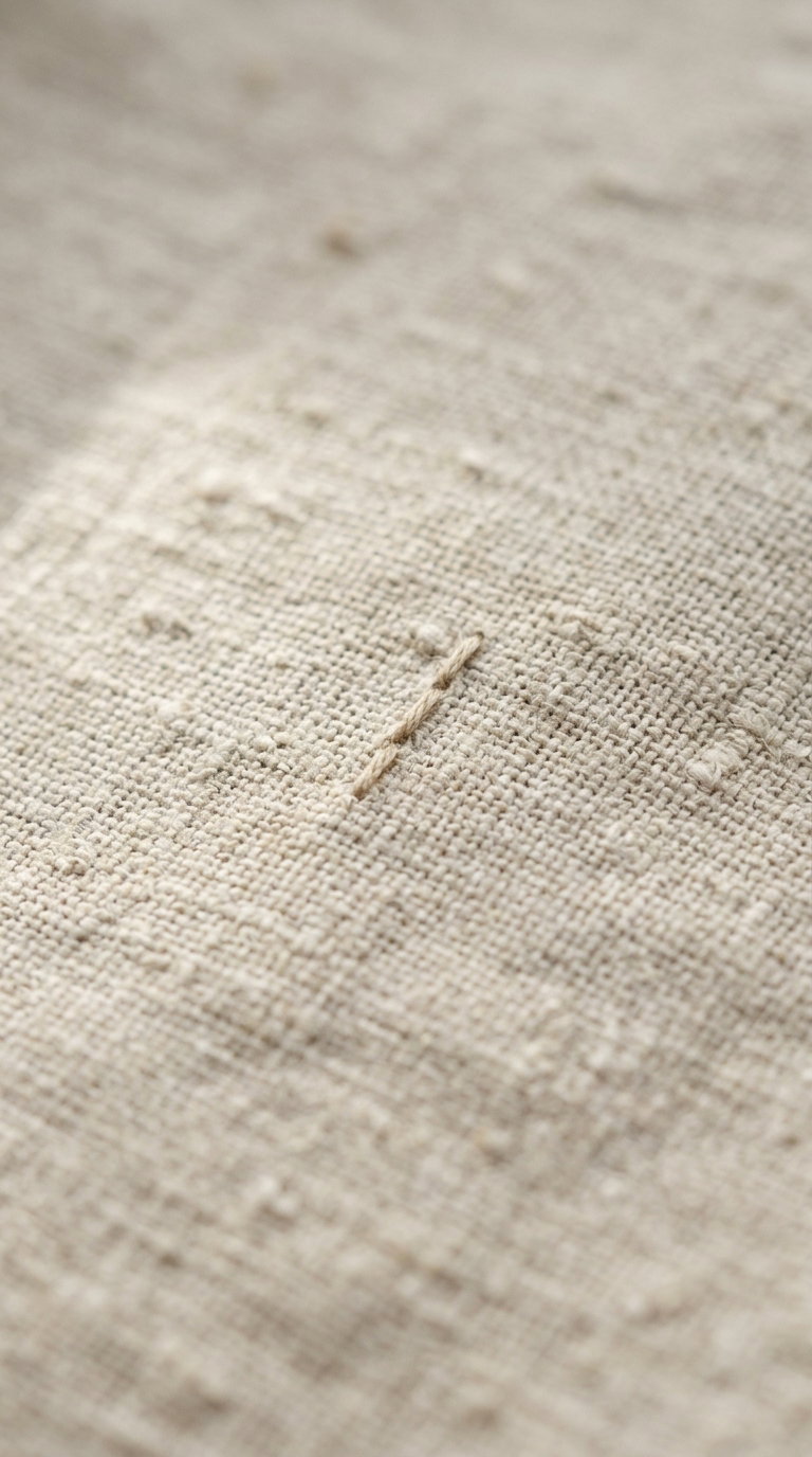 A macro photograph showing the detailed weave and stitching of beige fabric with light thread embroidery