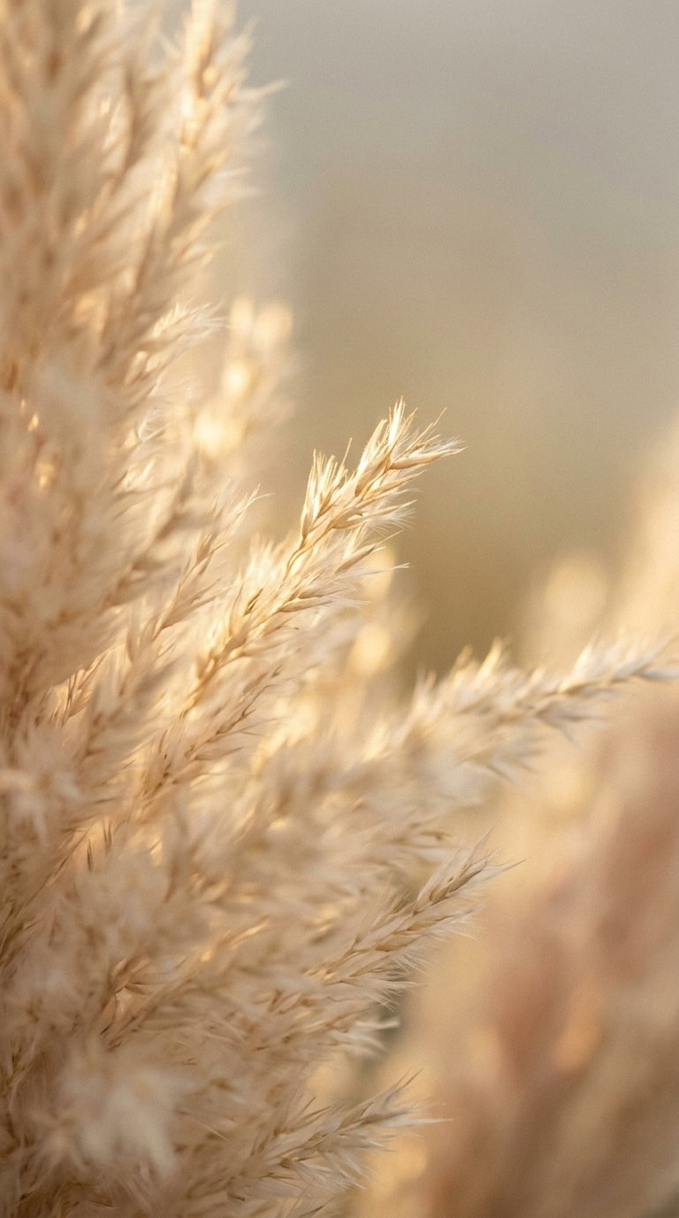 Soft beige pampas grass close-up with a blurred natural background and warm light