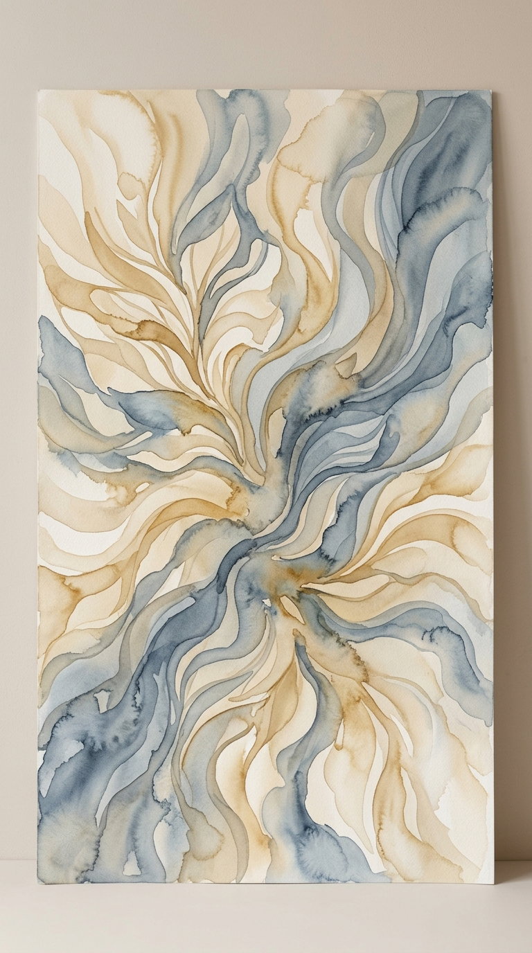 Artwork showing abstract organic flowing shapes in beige and blue watercolor on textured paper