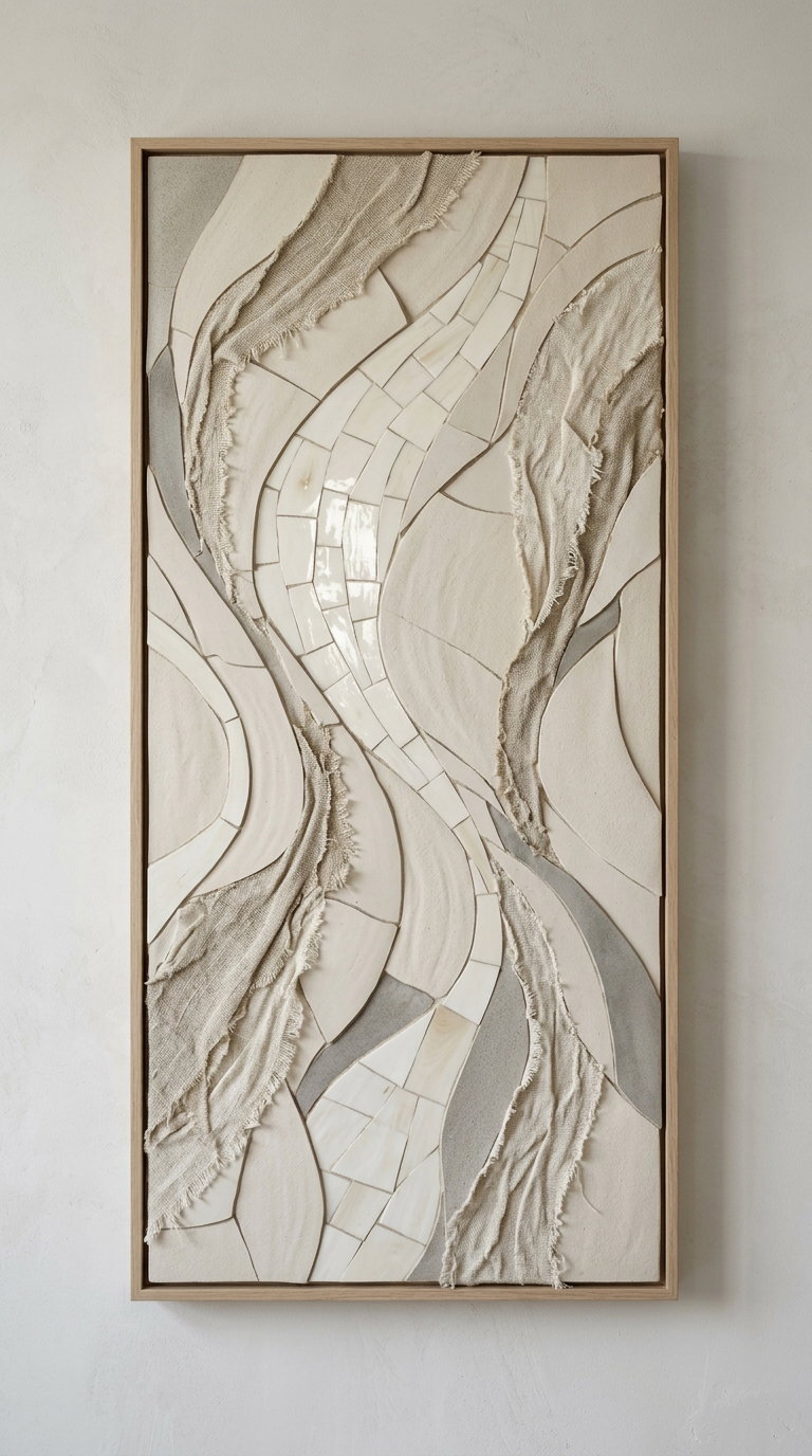 Rectangular framed wall art featuring abstract design in neutral shades with textured fabric and glossy tile pieces on a neutral wall