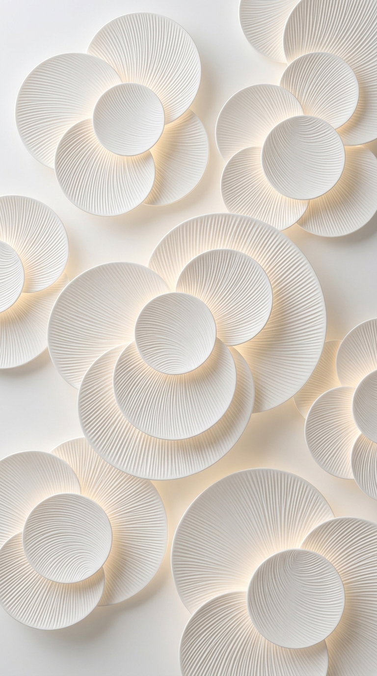 Close-up view of white, concentric circular textured wall decor with soft lighting and shadows