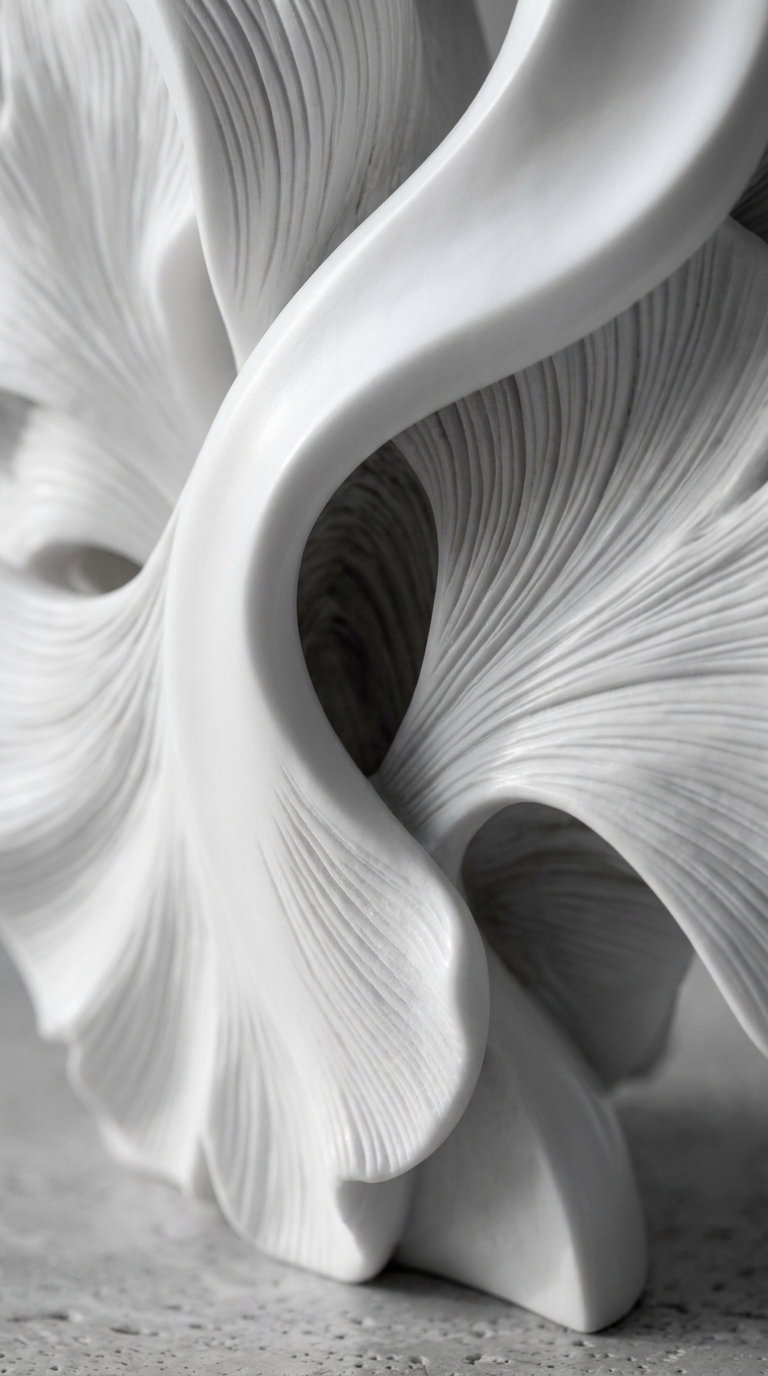 A close-up image of a white sculptural object featuring smooth, curving forms and delicate textured lines resembling petals or leaves.