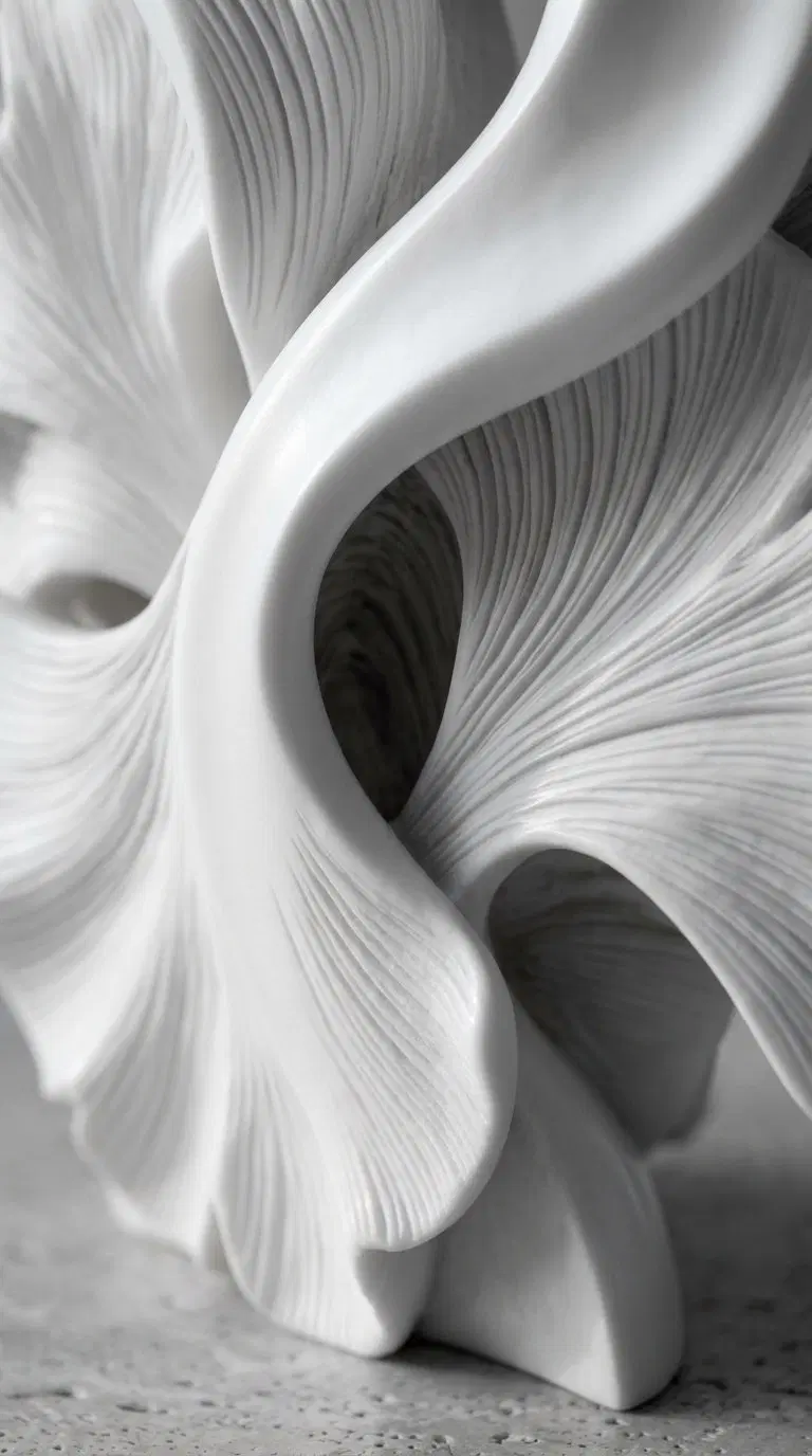 Close-up of an elegant white abstract sculpture with flowing shapes and fine texture