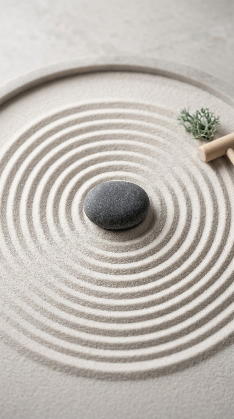 Close-up of a small zen garden with concentric sand circles around a smooth gray stone and a small green plant on the side
