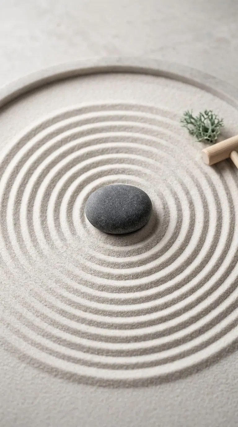 Minimalist Japandi style zen garden with sand circles and central stone