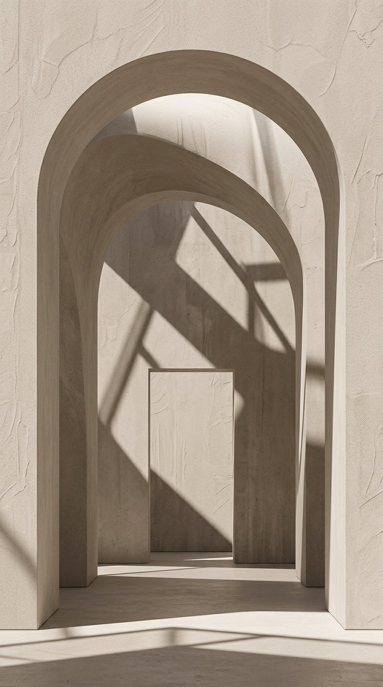 Image of large beige minimalist architectural interior featuring arches and rectangular doorway casting shadows on textured walls