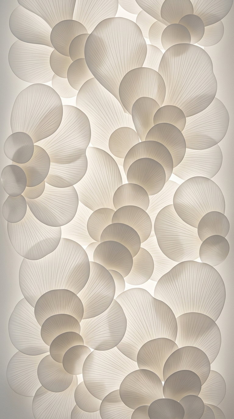 Layered translucent petal shapes in soft beige and cream tones creating an abstract pattern with gentle texture and lighting