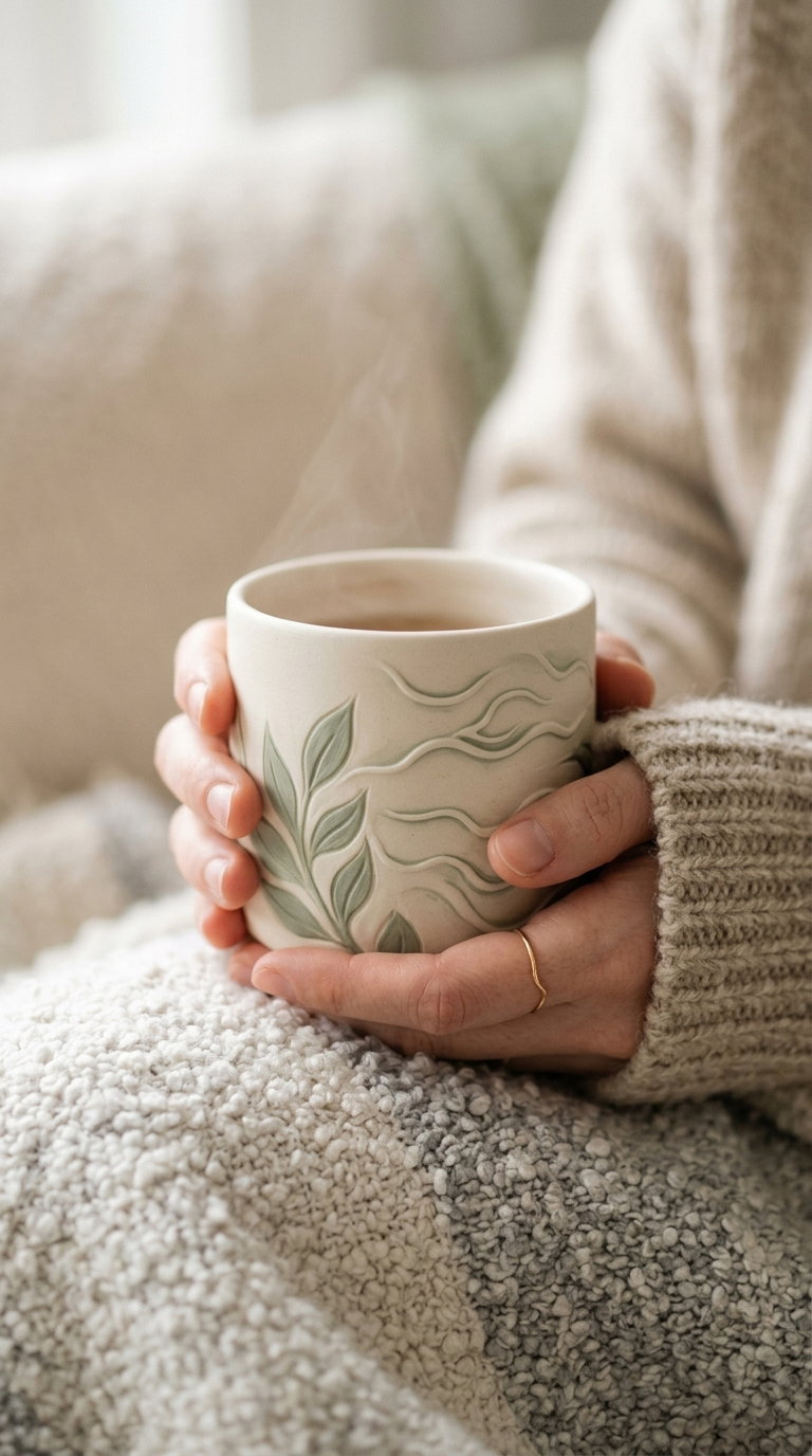 Close-up of hands holding a ceramic mug decorated with a green leafy pattern, with steam rising from the mug, wrapped in a knitted beige sweater and a textured blanket