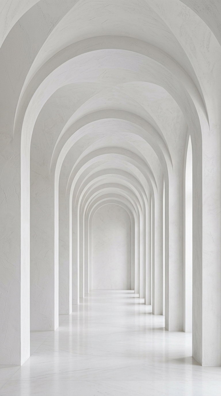 A long white corridor with repeated arches, smooth polished floor, and textured walls, all in a minimalist design
