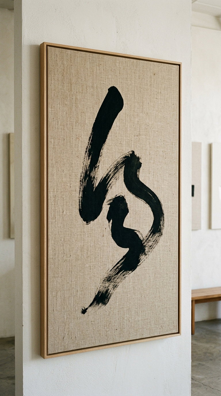 Framed rectangular canvas with black abstract brushstroke art on textured beige fabric hung on a white wall