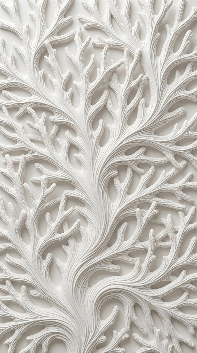 Close-up view of a white relief sculpture featuring detailed and textured leaf and branch patterns in a botanical style.
