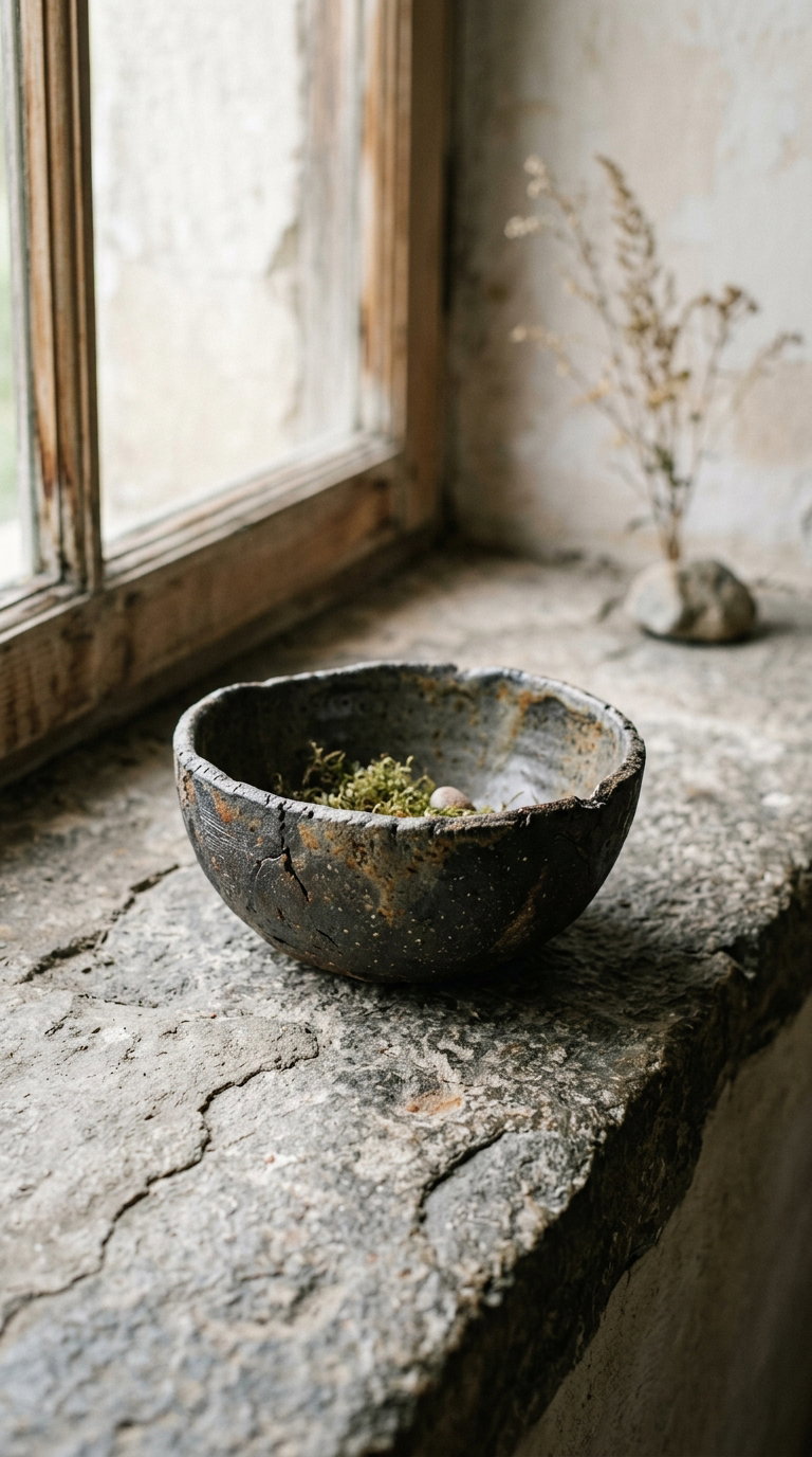 A cracked black ceramic bowl with moss and small objects inside is placed on a rough stone window sill next to a wooden window frame with plaster wall in the background.