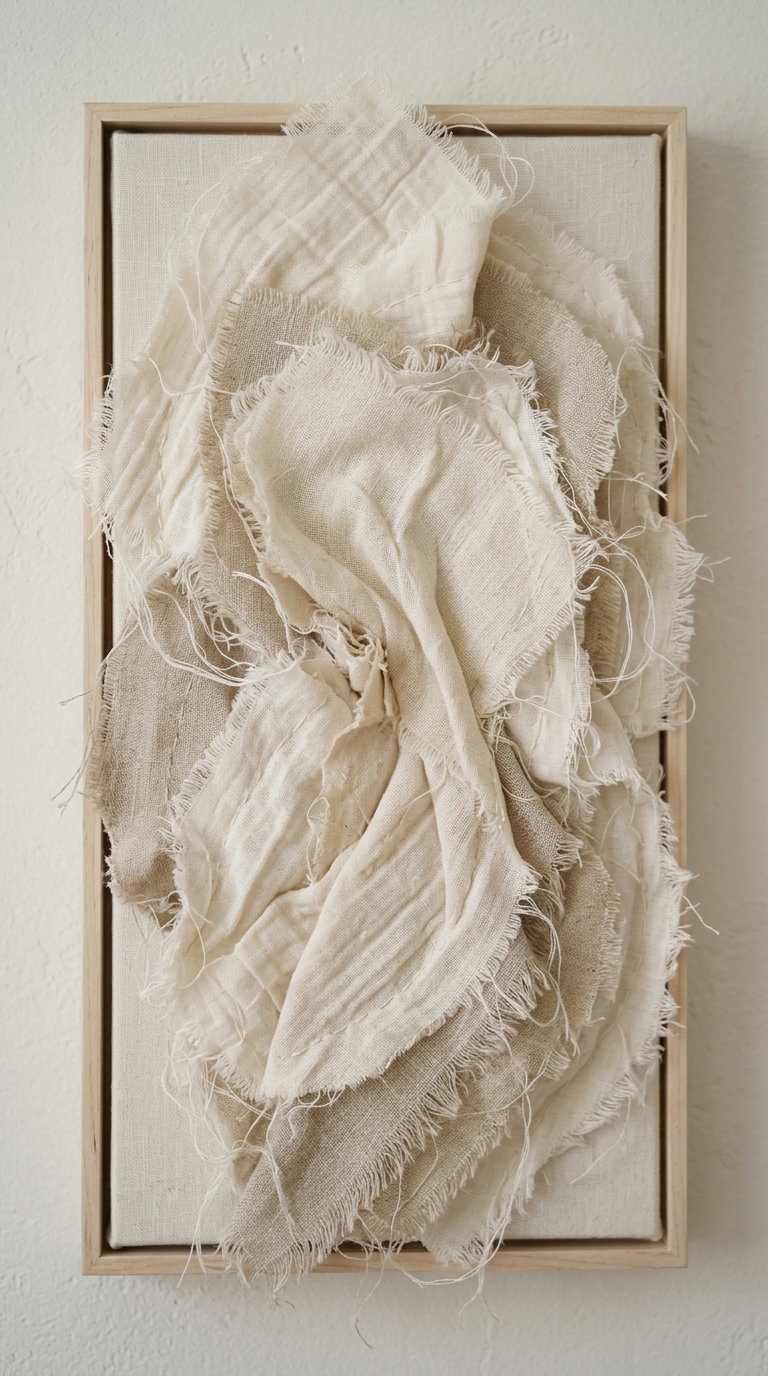 A framed wall art piece featuring multiple layers of beige and off-white frayed fabric pieces arranged in a textured pattern.