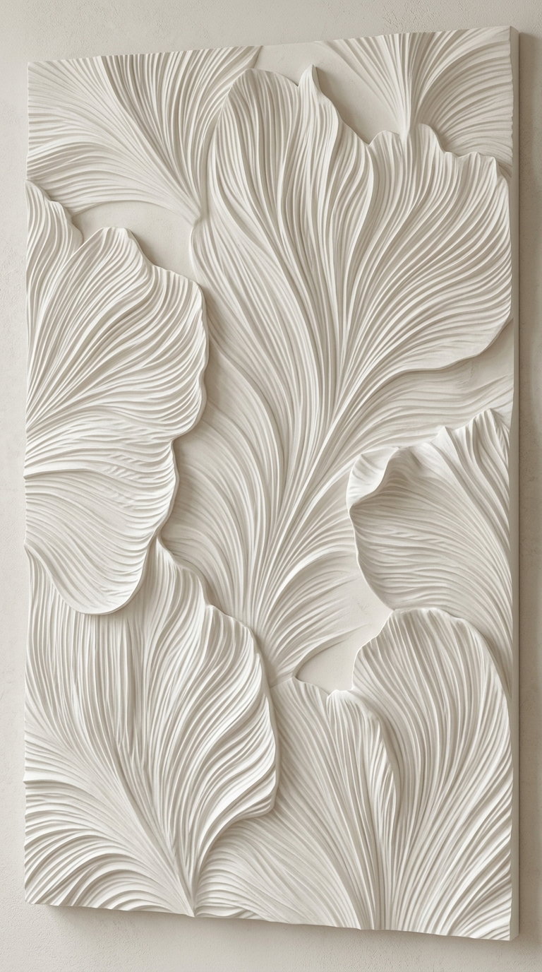 White wall art panel with textured, abstract leaf shapes featuring curved, flowing lines and a three-dimensional effect