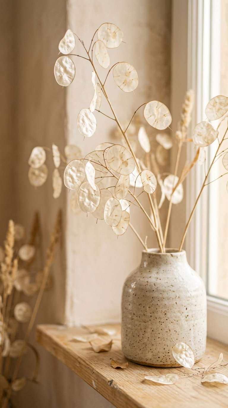 Close-up of dried Lunaria plant branches with translucent seed pods arranged in a speckled ceramic vase on a wooden surface near a window