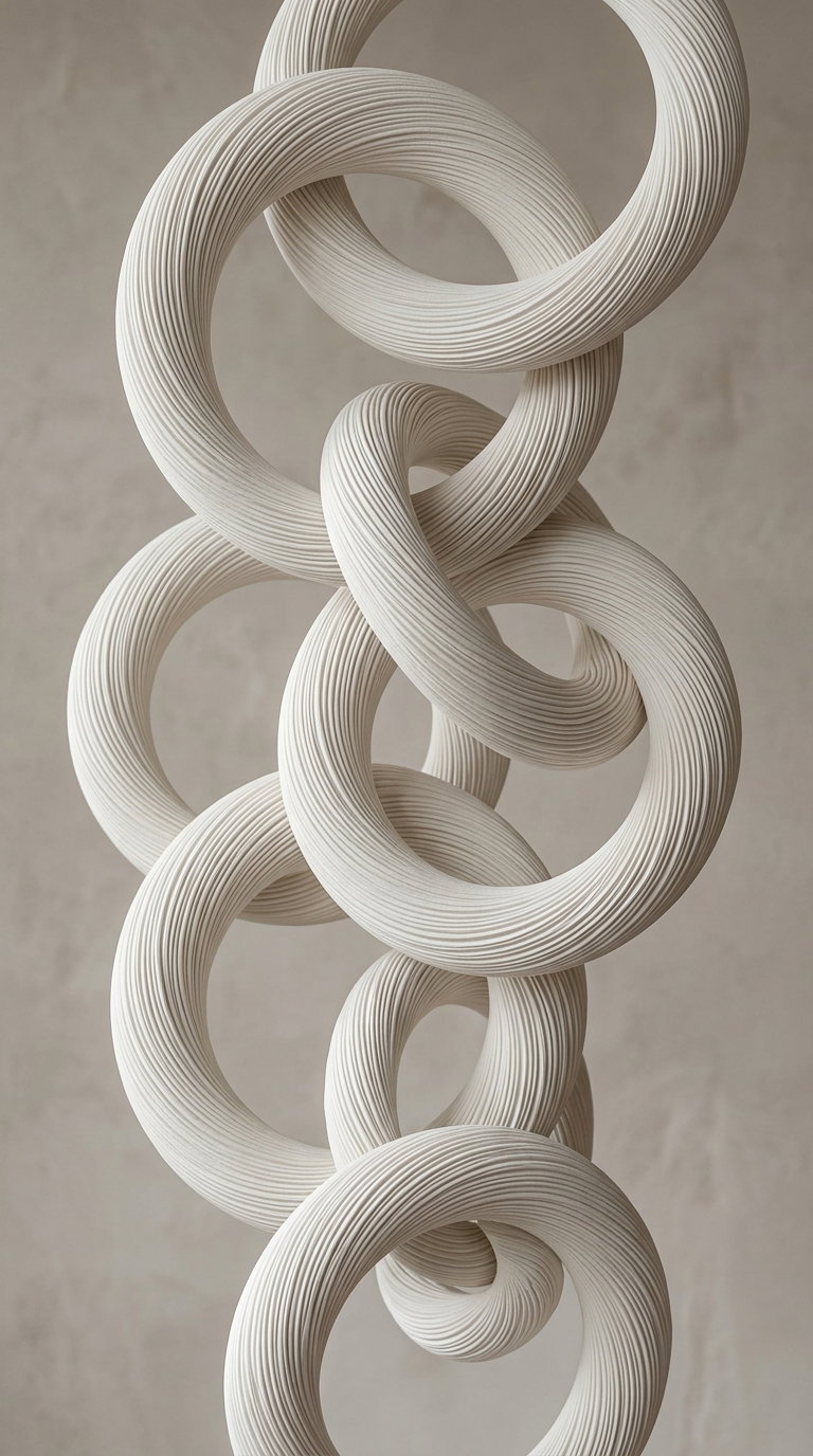 Close-up image of intertwined, textured rings in a neutral color against a plain beige background
