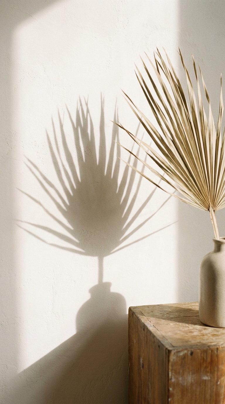 A dried palm leaf in a simple beige vase on a wooden surface casting a detailed shadow on a white textured wall