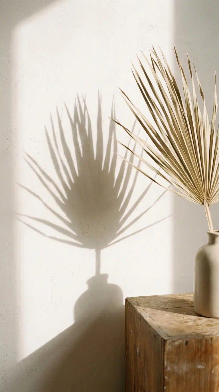 Minimalist botanical wall art featuring a dried palm leaf casting a shadow on a textured wall