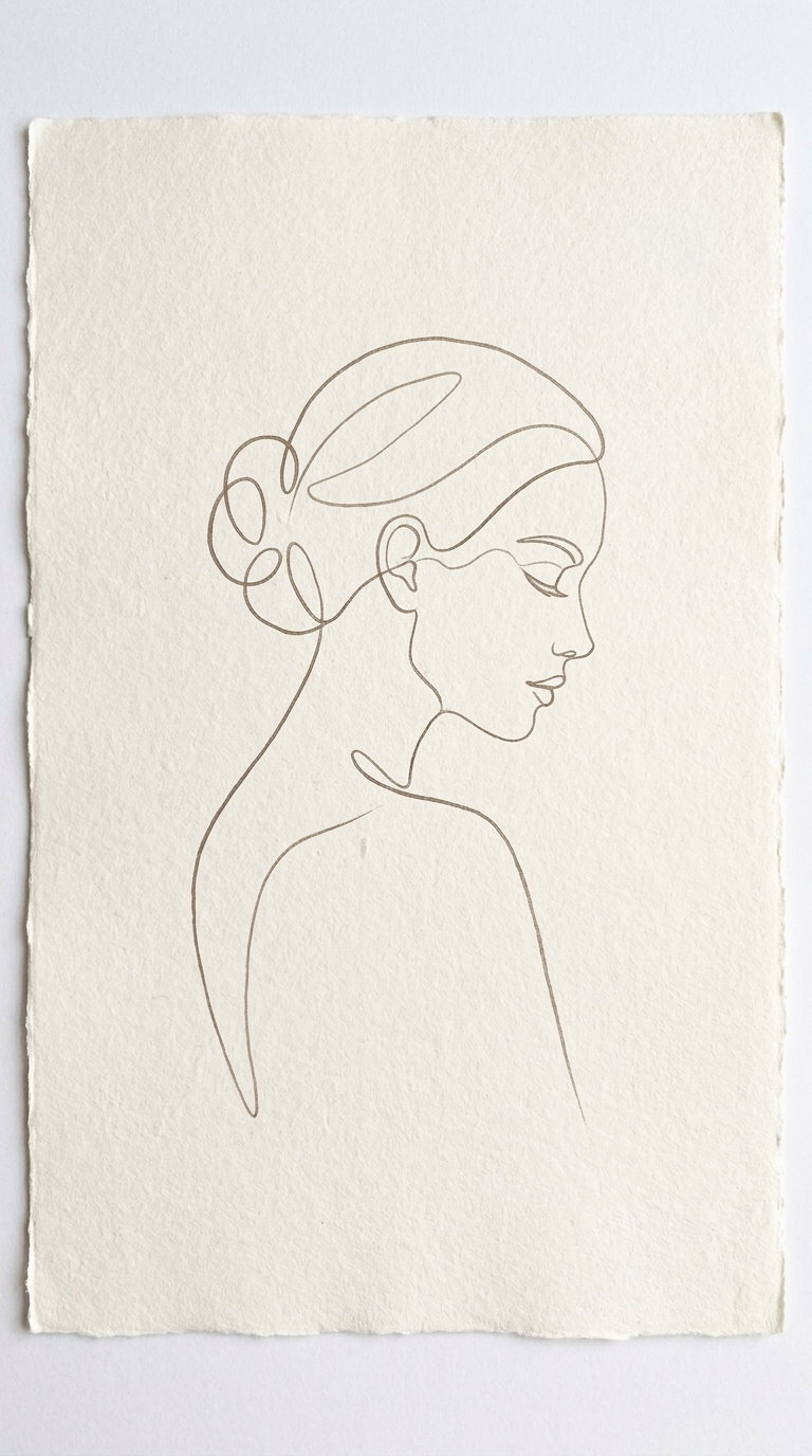 A simple continuous line drawing of a woman's profile with her hair in a bun on textured off-white paper