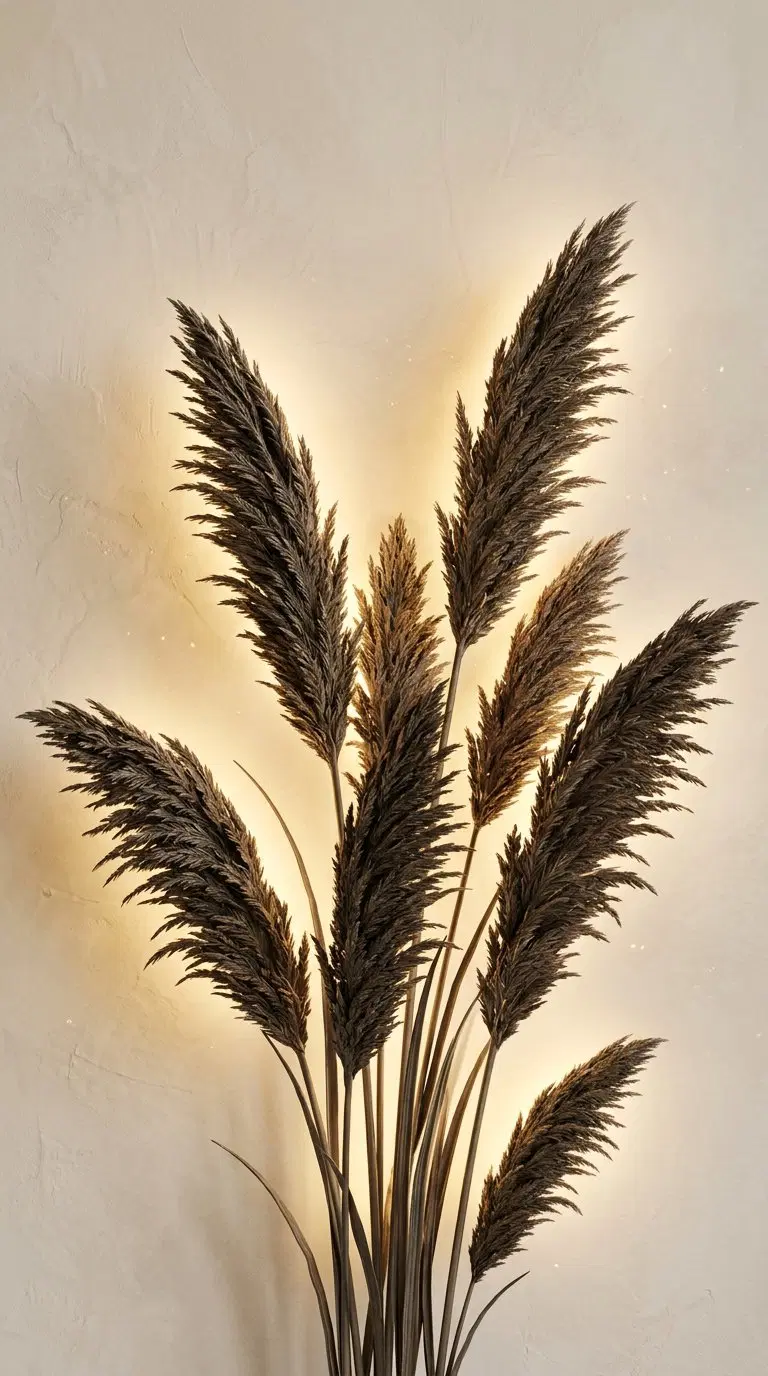 Elegant dried pampas grass arrangement backlit against textured wall