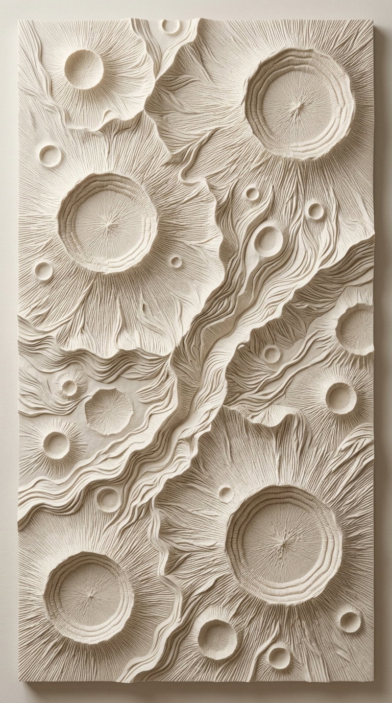 Beige monochrome wall art panel featuring intricate, layered, abstract floral shapes and textures