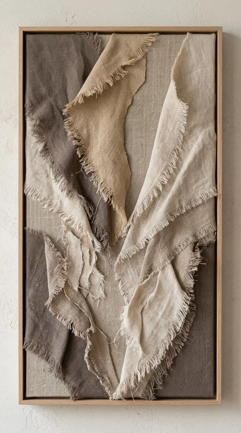 Framed textile art with layered frayed fabric in natural earth tones
