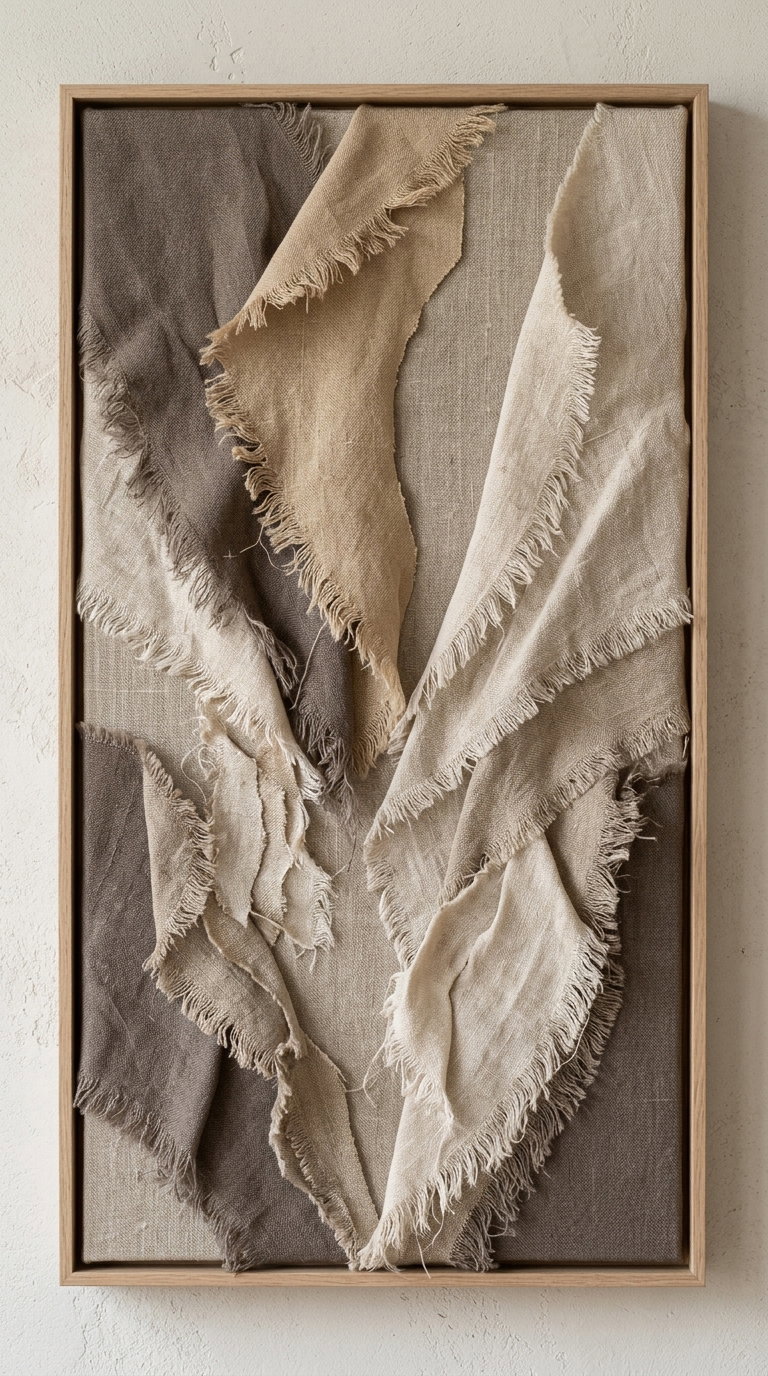 Close-up of a framed textile artwork featuring multiple layers of frayed fabric in shades of brown, beige, and cream arranged vertically