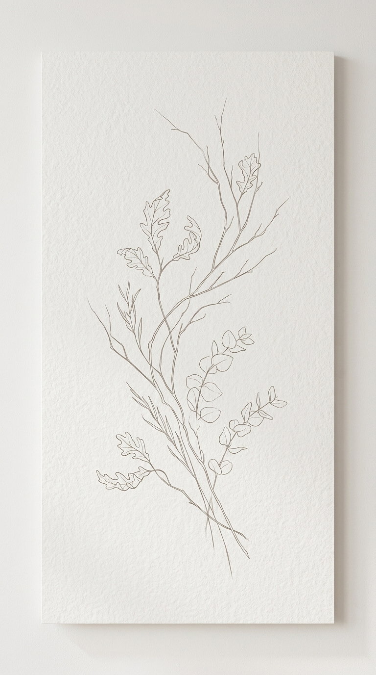 A minimalist line drawing on textured white paper depicting various delicate branches and leaves in light brown ink