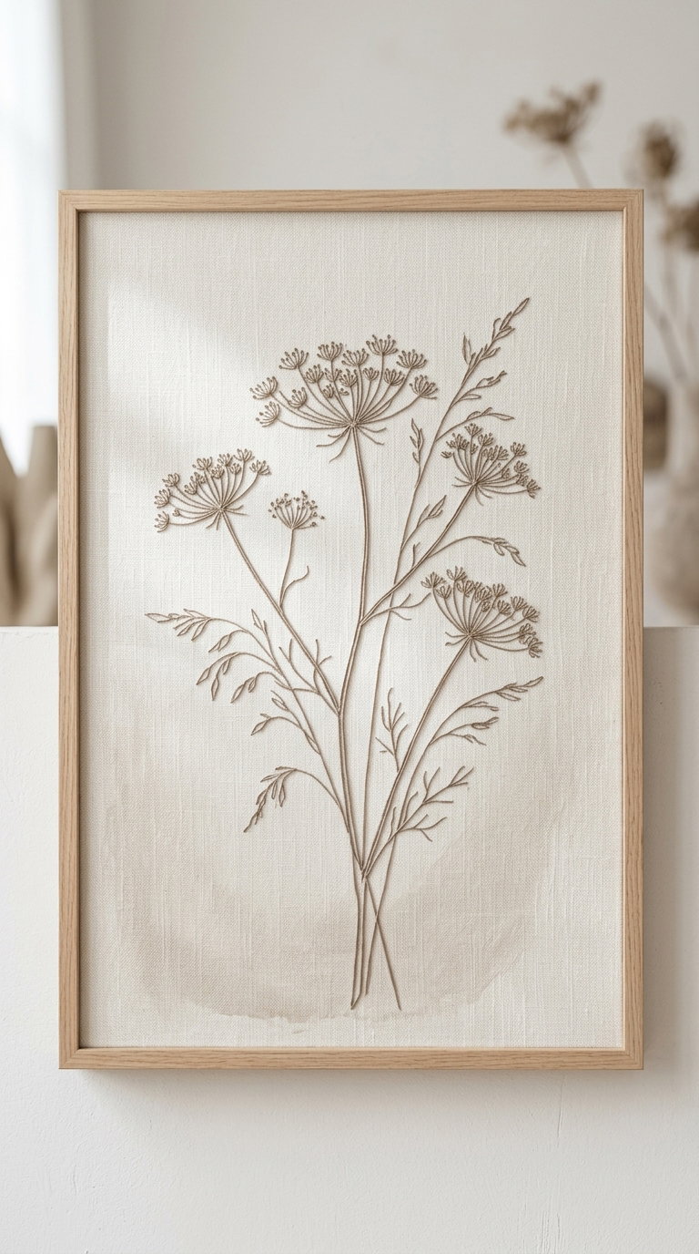 Framed artwork with delicate botanical line drawing in neutral tones on textured fabric background