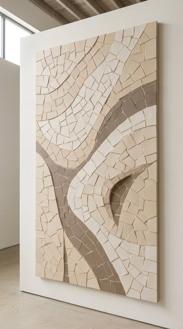 A large abstract mosaic wall art mounted on a white gallery wall, composed of irregularly shaped pieces in shades of beige, cream, and light brown creating flowing, organic patterns.